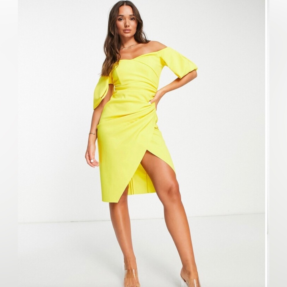 ASOS sweetheart neck wrap tuck off shoulder bardot midi dress